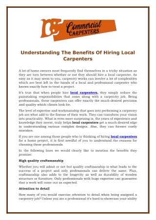 Understanding The Benefits Of Hiring Local Carpenters
