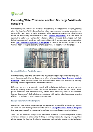 Pioneering Water Treatment and Zero Discharge Solutions in Bangalore