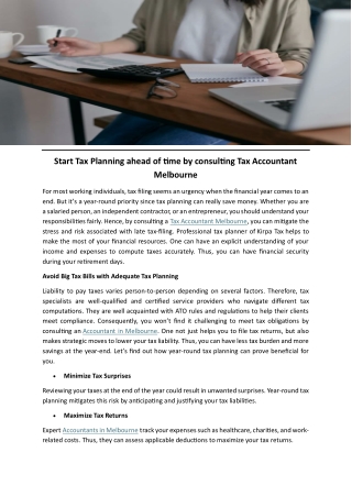 Start Tax Planning ahead of time by consulting Tax Accountant Melbourne