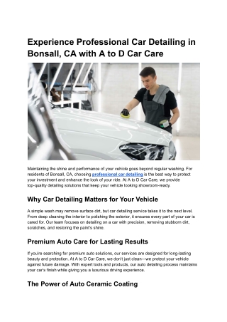 Experience Professional Car Detailing in Bonsall, CA with A to D Car Care