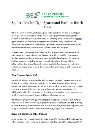 Spider Lifts for Tight Spaces and Hard-to-Reach Areas