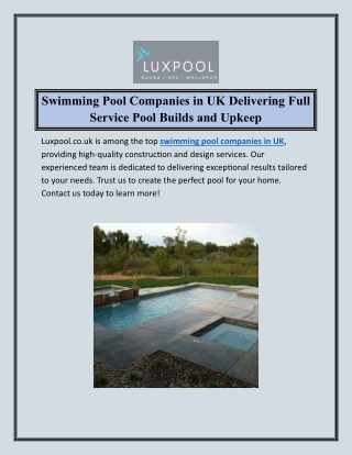 Swimming Pool Companies in UK Delivering Full Service Pool Builds and Upkeep