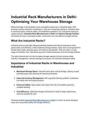 Industrial Rack Manufacturers in Delhi_ Optimizing Your Warehouse Storage