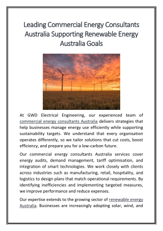 Leading Commercial Energy Consultants Australia Supporting Renewable Energy Australia Goals