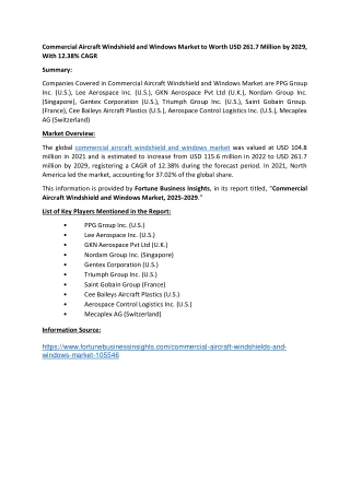 Commercial Aircraft Windshield and Windows Market Trends 2029