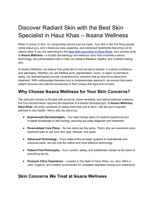 Discover Radiant Skin with the Best Skin Specialist in Hauz Khas – Iksana Wellness