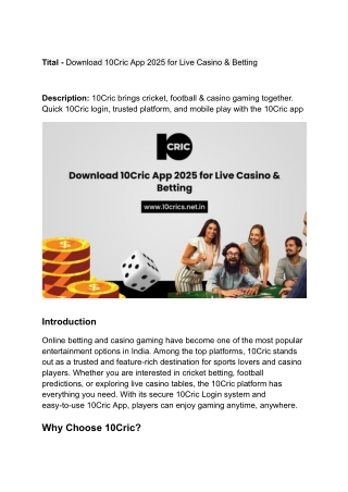 Download 10Cric App 2025 for Live Casino & Betting