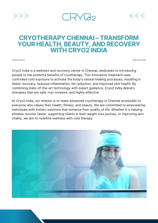 Cryotherapy Chennai – Transform Your Health, Beauty, and Recovery with Cryo2 India