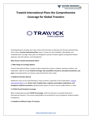 Trawick International Plans the Comprehensive Coverage for Global Travelers