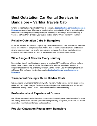 Best Outstation Car Rental Services in Bangalore – Vartika Travels Cab