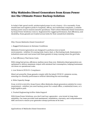 Why Mahindra Diesel Generators from Krass Power Are the Ultimate Power Backup Solution