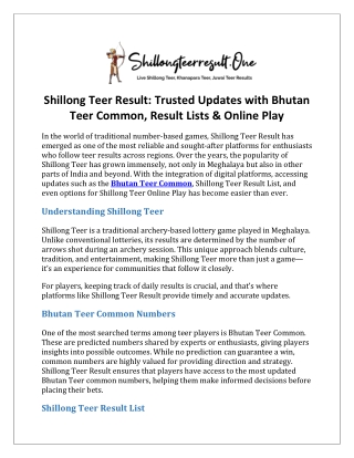 Shillong Teer Result Trusted Updates with Bhutan Teer Common, Result Lists & Online Play