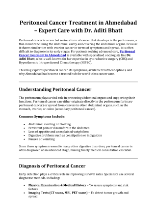 Peritoneal Cancer Treatment in Ahmedabad – Expert Care with Dr. Aditi Bhatt