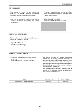 New Holland E140CSR Crawler Excavator Service Repair Manual Instant Download