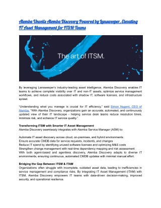 Alemba Unveils Alemba Discovery Powered by Lansweeper, Elevating IT Asset Management for ITSM Teams