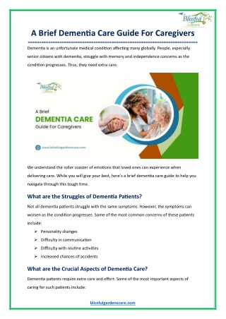 A Brief Dementia Care Guide For Caregivers
