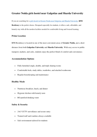 Greater Noida girls hostel near Galgotias and Sharda University
