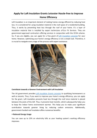 Apply for Loft Insulation Grants Leicester Hassle-free to improve home efficiency