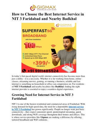 How to Choose the Best Internet Service in NIT 3 Faridabad and Nearby Badkhal