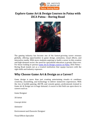 Explore Game Art & Design Courses in Patna with ZICA Patna – Boring Road