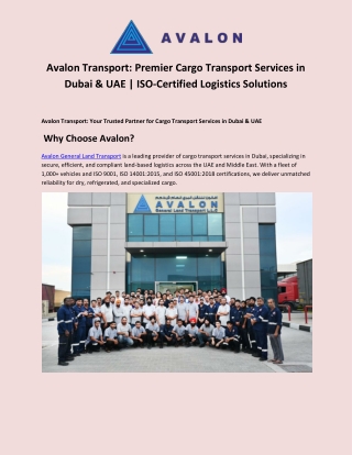 Avalon Transport - Premier Cargo Transport Services in Dubai & UAE