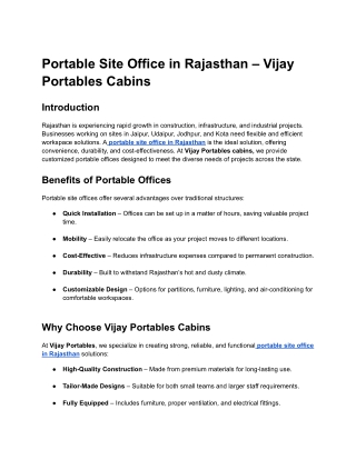 Portable Site Office in Rajasthan – Vijay Portables Cabins