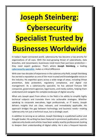 Joseph Steinberg - Cybersecurity Specialist Trusted by Businesses Worldwide