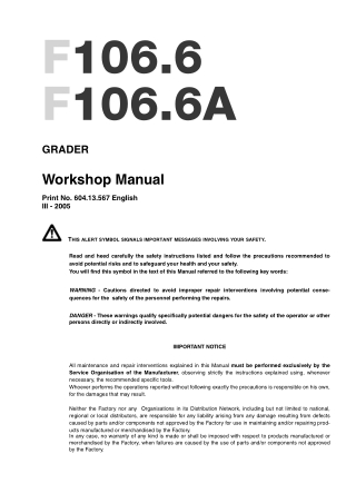 NEW HOLLAND F106.6A GRADER Service Repair Manual Instant Download