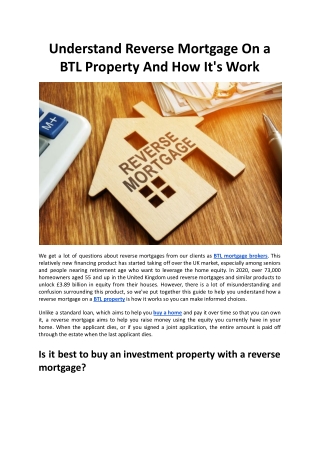 Understand Reverse Mortgage On a BTL Property And How It's Work
