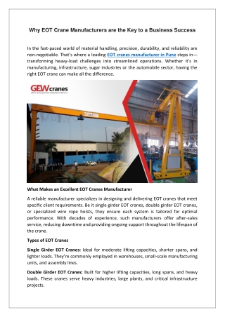 Why EOT Crane Manufacturers are the Key to a Business Success