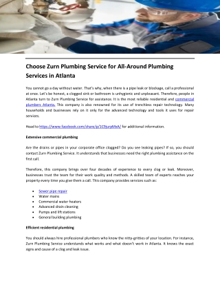 Choose Zurn Plumbing Service for All-Around Plumbing Services in Atlanta