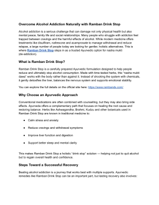 Overcome Alcohol Addiction Naturally with Ramban Drink Stop