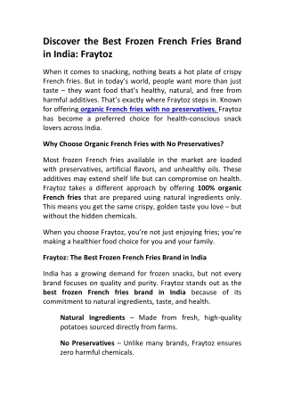 Organic & Preservative Free French Fries  Fraytoz India