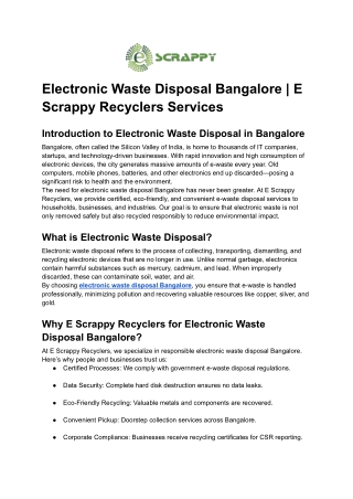 Electronic Waste Disposal Bangalore _ E Scrappy Recyclers Services