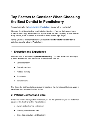 Top Factors to Consider When Choosing the Best Dentist in Pondicherry