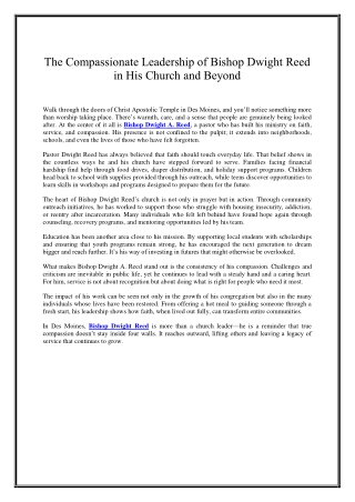 The Compassionate Leadership of Bishop Dwight Reed in His Church and Beyond