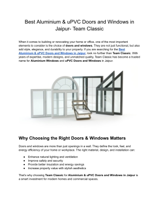Best Aluminium & uPVC Doors and Windows in Jaipur- Team Classic
