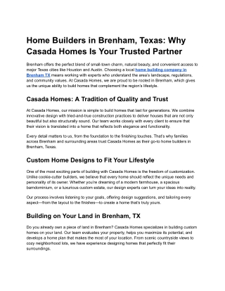 Home Builders in Brenham, Texas: Why Casada Homes Is Your Trusted Partner