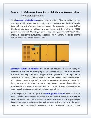 Generator in Melbourne Power Backup Solutions for Commercial and Industrial Applications