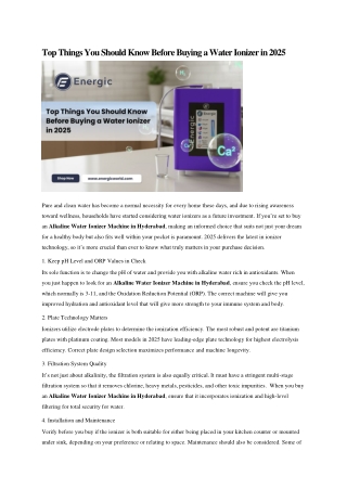 Top Things You Should Know Before Buying a Water Ionizer in 2025 - Alkaline Water Ionizer Machine in Hyderabad