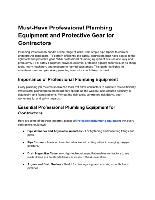 Professional Plumbing Equipment and PPE Essentials for Contractors