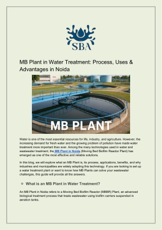 MB Plant in Water Treatment Process, Uses & Advantages in Noida