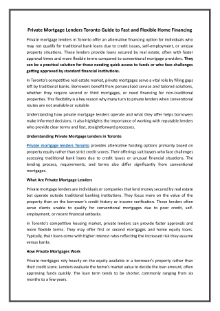 Private Mortgage Lenders Toronto Guide to Fast and Flexible Home Financing