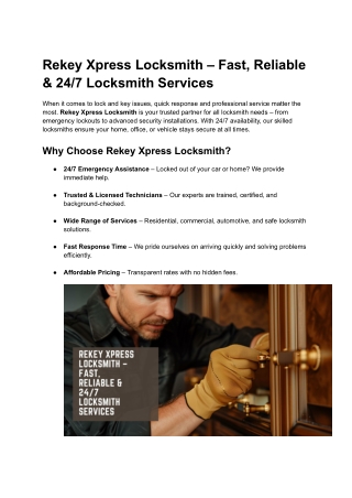Rekey Xpress Locksmith – Fast, Reliable & 24_7 Locksmith Services