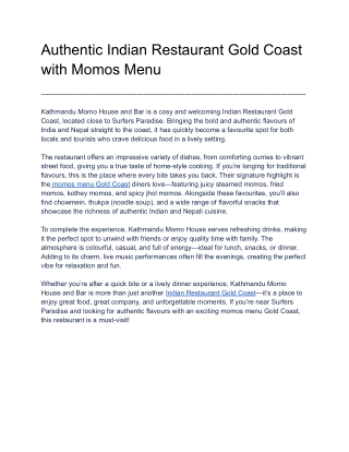 Authentic Indian Restaurant Gold Coast with Momos Menu
