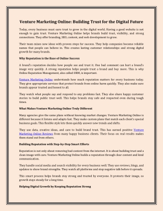 Venture Marketing Online Building Trust for the Digital Future