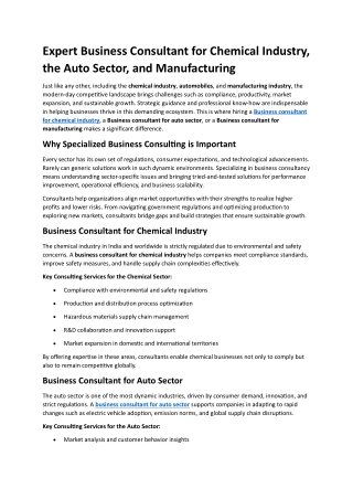 Expert Business Consultant for Chemical Industry, the Auto Sector, and Manufacturing