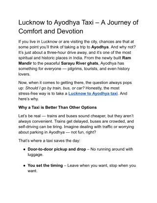 Lucknow to Ayodhya Taxi – A Journey of Comfort and Devotion