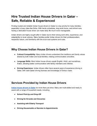 Hire Trusted Indian House Drivers in Qatar – Safe, Reliable & Experienced