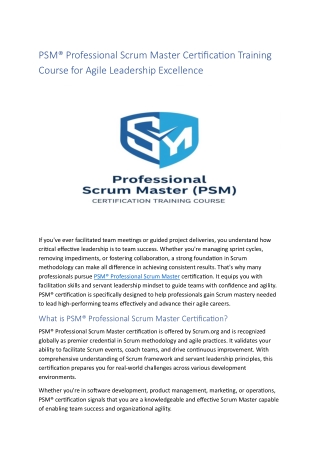 Professional Scrum Master Certification Training Course for Agile Leadership Excellence